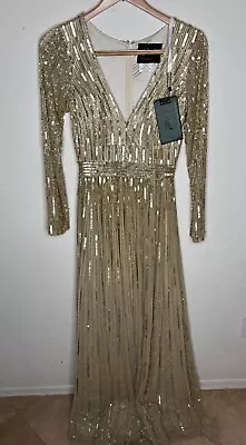 MAC DUGGAL 4977 Taupe Gold Sequined Long Sleeve Plunging V-neck Gown Sz 6 *flaws • $99