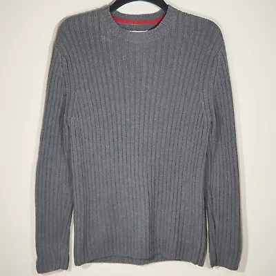 Boden Men's Grey 30% Wool Heavy Ribbed Knit Crew Neck Elbow Patch Jumper Medium • £29.95