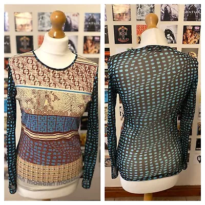 Vintage 90's Y2K Morgan Versace Style Mesh Long Sleeve Top Beige Brown Blue • $49.78