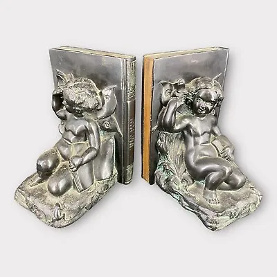 Antique White Metal Art Spelter Bookends Black Cherubs Fairies Angels • £52.24