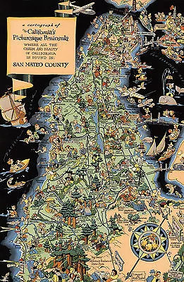 $13.95 • Buy Pictorial Map Cartograph California Peninsula San Mateo Wall Art Poster Vintage
