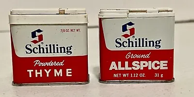 VTG SCHILLING   THYME 7/8oz & ALLSPICE 1.12oz  METAL SPICE TINS McCORMICK.USA.. • $6.99