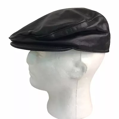 Vintage Black Leather Newsboy Cap Adult Medium USA Brando Gatsby Cabbie Tam • $19