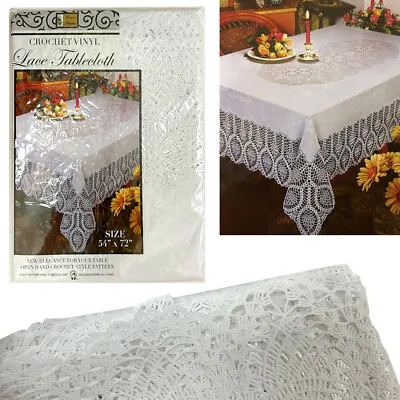 1 White Crochet Tablecloth Vintage Lace Vinyl Table Cloth Doily Rectangle 54X72 • $16.98