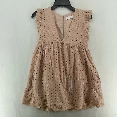 Mustard Seed Mini Dress Women Sz S Blush Pink Brown Eyelet V-Neck Flutter Sleeve • $9.37