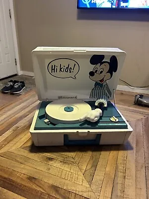 Disney Sears Mickey Mouse Portable Record Player Turntable Blue White Electric • $28.35