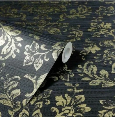 £7.95 • Buy Arthouse Kyasha Charcoal Black Metallic Foil Gold Damask Vinyl Wallpaper 293400