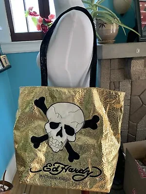 $24 • Buy Ed Hardy By Christian Audigier Gold Snakeskin Tote Shoulder Bag With Skull 