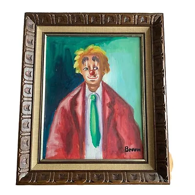 Vintage 1960’s Oak Framed Clown In Red  Coat Oil Painting On Canvas MCM 13x11 • $84.69