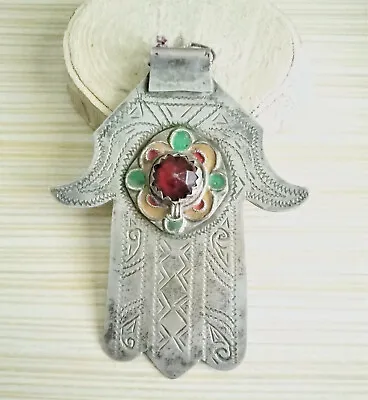 Moroccan Old Silver & Enamel Hand Of Fatima Hamsa Pendant  AmuletBerber Jewelry • $225.65