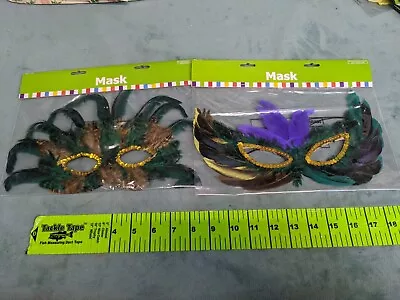 Lot Of 2 Decorative Mardi Gras Eye Masks Ribbon Feathers Green Party Costume • $12.99