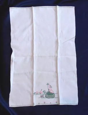 Vintage White Tea Towel Woman Dog Umbrella Lady Parasol Machine Embroidered • $14.95