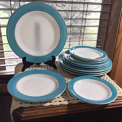 Srv For 4 12 PCs Vintage Pyrex Turquoise Rim Dinnerware Set • $62.99