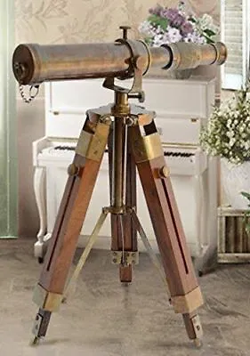 Vintage Antique Nautical Gift Decorative Solid Brass Telescope W/ Wooden Tripod • $38.27