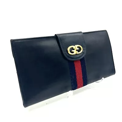 Vintage Gucci Wallet Sherry Line Long Leather Navy Authentic #0220 • $93.99