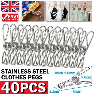 £5.99 • Buy 40pcs Stainless Steel Washing Line Clothes Pegs Hang Pin Metal Clips Clamps UK