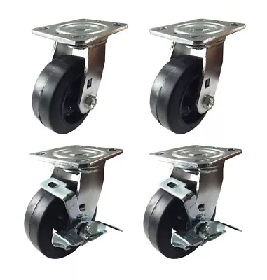 4 Heavy Duty Caster Set 4  5  6  Rubber On Cast Iron Wheels Rigid Swivel Brake • $75.19