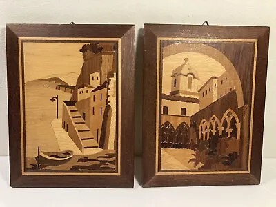 Vintage Inlay Marquetry Wood Picture Italy 8.5” Set Of 2 • $24