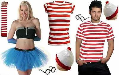 Men's Unisex Wheres Wally Stripe T-shirt Kit Hen Party Night Costume Book Day • £12.99