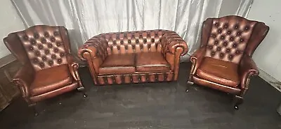 Leather Chesterfield Suite 2 Seater & 2 Queen Ann Chairs In Aged Saddle Tan • £1395