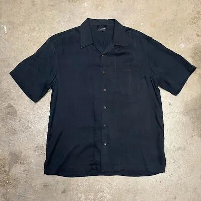 Vintage 90s Silk Camp Collar Black Short Sleeve Button Shirt Size XL • $30