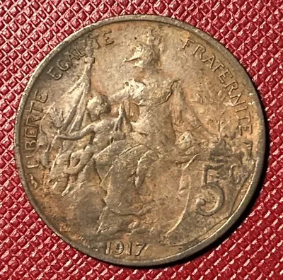 France 1917 Bronze 5 Centimes. Problem Free. Paris Mint. WWI Era. KM#842 • $3