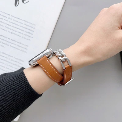$25.64 • Buy For Apple Watch Band IWatch 8 7 6 5 4 SE 42 44 49mm Genuine Leather Chain Band