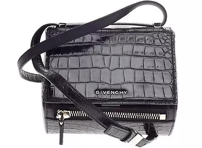 $798 • Buy Givenchy Black Croco Embossed Leather Pandora Box Crossbody Shoulder Bag