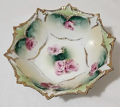 Antique RS Prussia 3 Footed 7” Dia.nn Bowl Pink RosesLeaf &Gilded Gold Bowl • $49.99