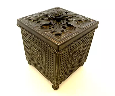 Pressed Tin Metal Footed Decorator Box With Flower Lid 6 1/2  Tall X 5 3/4  Wide • $38