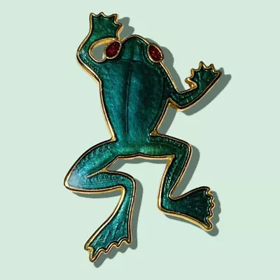 Vintage Fish & Crown Mark Green Enamel Frog Brooch W/Red Enamel Eyes  A76 • $12.99