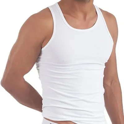 6 X Mens White Vests Fitted 100% Cotton Gym Training Tank Top T Shirt New Tops • £10.22