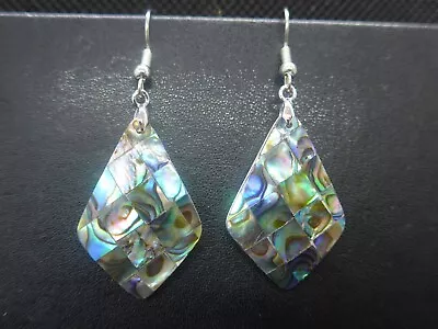 Abalone Shell Rhombus Shape Silver Hook Drop Dangle Earrings Mother Of Pearl • £8.95