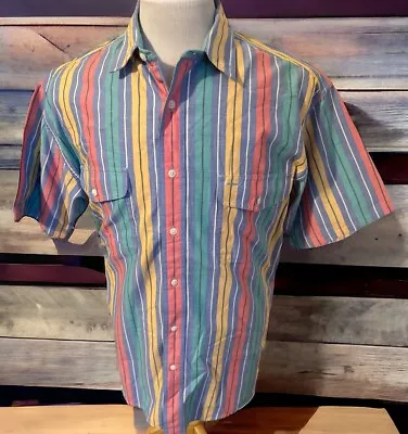 Vintage Eddie Bauer Shirt Men's Sz Large Rufton Twill Rainbow Striped Vibrant • $19.94