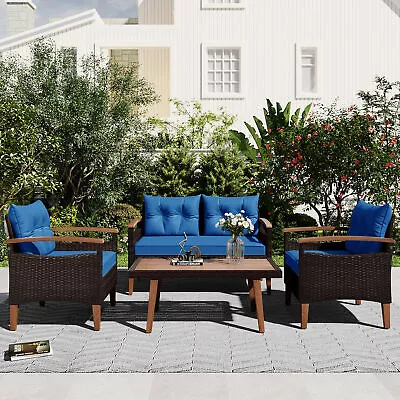 4 Pieces Garden Patio Seating Furniture Set Outdoor Wicker Chairs W/ Cushion • $459