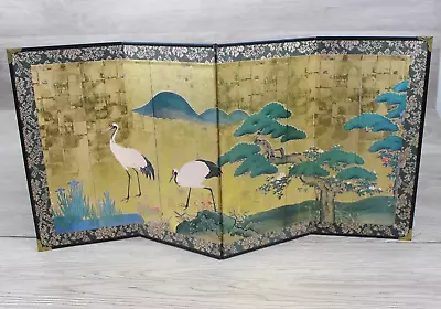 Vintage Japanese Hand Painted Table Top 4 Panel Folding Screen Partition 18 X9  • £124.41