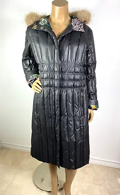 M Missoni Black Long Down Puffer Coat Size 10 US Racoon Fur Trim Hood Lined • $175