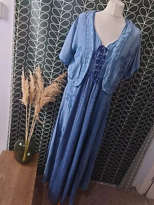 £52.99 • Buy Vintage Embroidered Chambray Blue Prairie Maxi Dress Corset Front Size 16 Jacket