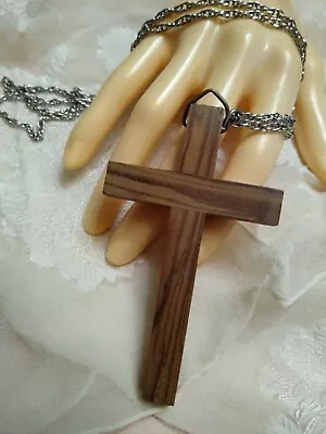 Vintage Cross Necklace Wood Pendant Silver Tone Religious • $10