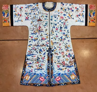 Old Chinese Silk Embroidered Dress Robe Festive Textile People Water Mtn Flower • $800