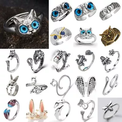 New 925 Silver Owl Frog Cat Bird Rings Open Finger Adjustable Wome Men Wholesale • $1.25