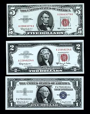 1963 $5 Red Seal - 1963 $2 - 1957 B Silver Certificate - 3 Uncirculated Notes ! • $94