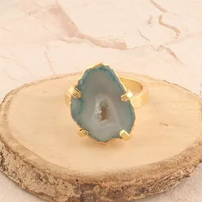 Unique Look Lite Green Geode Druzy 24k Gold Plated Single Stone Adjustable Ring • £5.69