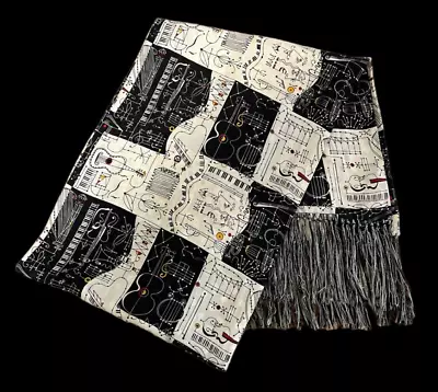 100% Silk Scarf By Zazou Luxe Off-White & Black Music Notes Instruments Fringe • $16.99