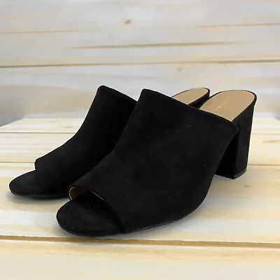 Merona Peep Toe Heels Mule 9.5 Black Faux Suede Chunky Heel Shoes Slip On B147 • $9.74