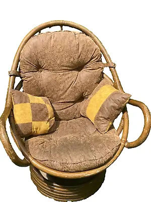 Vtg Rattan Wood Swivel Rocker Chair With Micro Suede Cushion Saddle Brown • $178