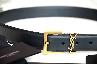 $275 • Buy Yves Saint Laurent YSL Black Leather Belt Gold Buckle Size 90 / 36