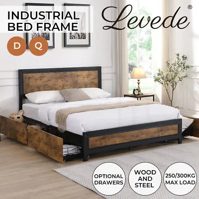 $149.99 • Buy Levede Metal Bed Frame Mattress Base Storage Wooden Double Queen Industrial