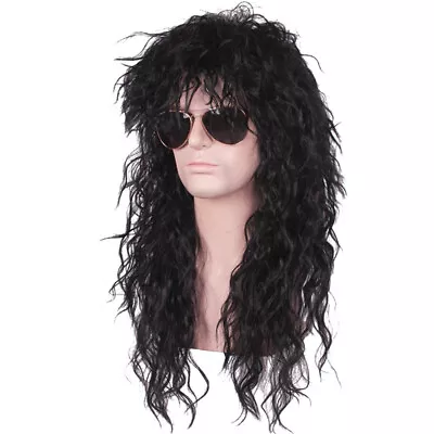 Mens Black Long Curly Wavy Wigs 70s 80s Rock Punk Fancy Dress Cosplay Party Wigs • £18.04