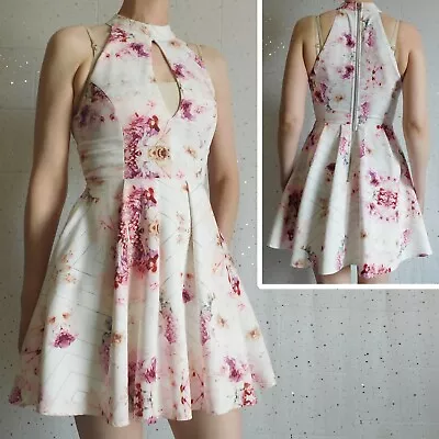 Luvalot White With Pink Floral Halter Choker Neck Dress With Pockets Size 8 • $14